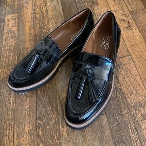 Franco Sarto Black Patent Leather Tassel Loafers Lug Sole Size 8.5